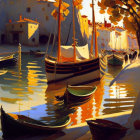 Harbor scene with boats, glowing reflections, warm sunlight, and a serene gaze