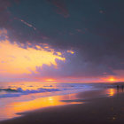 Tranquil sunset beach scene with waves, radiant horizon, clouds, reflections, and distant silhou