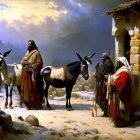 Historical Middle Eastern attire painting with three men and donkeys in ancient setting