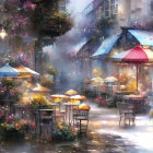 Colorful umbrellas and glowing lights in a rain-soaked street scene with flower-adorned buildings