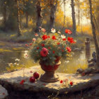 Tranquil painting: Red flowers in vase on stone table in autumn forest