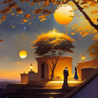 Illustrated couple under twilight sky by gazebo with vivid moon and autumn leaves