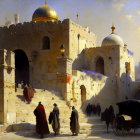 Historical cityscape with golden domes, horse-drawn carriage, and ascending figures.