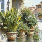 Blooming flowers on cobblestone street with European buildings