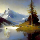 Tranquil landscape painting: solitary figure in boat on serene lake