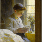 Woman in Yellow Dress Reading by Sunlit Window with Flowers