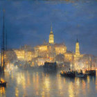 Twilight cityscape painting with glowing lights and boats