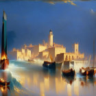 Boats near fortress and towers in calm waters at dusk