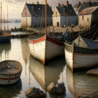 Tranquil harbor sunset with moored boats and old waterside buildings