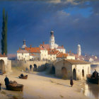 Tranquil riverside town painting at dusk with figures, boats, elegant buildings, and golden sky