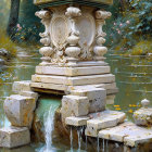 Ornate Stone Fountain in Autumn Foliage and Pond