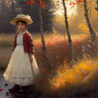 Young girl in vintage dress and hat in sunlit autumn forest glade