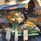 Vibrant flower market scene with colorful blooms and vintage ambiance