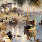 Tranquil harbor scene with boats, people, and buildings under a sunny sky