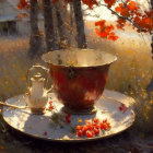 Golden bowl, white pitcher, red berries, leaves in autumn still-life scene.