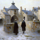 Cloaked figures near old stone buildings in misty setting