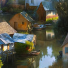 Picturesque village scene with reflective waterway, rustic houses, boats, and serene ambiance