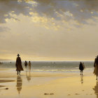 Beach sunset with silhouetted figures and sailboats