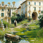 Tranquil painting of person near elegant waterway & classical architecture