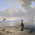 Solitary figure on tranquil beach with birds and sailboats