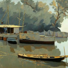 Riverside scene with moored boats and forested banks