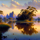 Tranquil Dusk Landscape: Reflective Water, Silhouetted Trees, Golden Sky