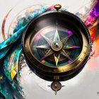 Colorful abstract digital artwork with central compass and gears.