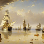 Golden sunlight illuminates sailing ships in serene harbor