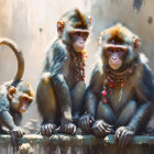 Stylized painting of three monkeys with decorative beads observing.