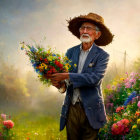 Elderly man with straw hat holding flowers in lush garden under warm sunlight