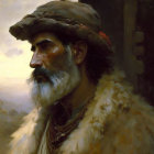 Rugged man with moustache in hat and fur coat against soft hazy backdrop