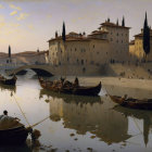 Tranquil painting of boats on calm waters near a city at dusk.