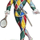 Traditional jester illustration in colorful costume with mask and bells