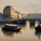 Historical painting: Boats on calm river with arched bridge and grand buildings in serene, golden