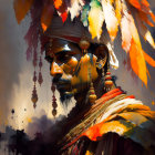 Colorful Feather Headdress and Traditional Attire in Digital Painting