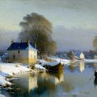 Tranquil winter landscape with river, reflections, boats, and village in soft golden light