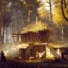 Tranquil forest landscape with cabin, figure, and horses