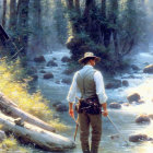 Vintage-clad person fishing in sunlit forest stream.