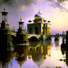 Fantastical palace with golden domes and bridge over tranquil water