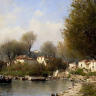 Riverside scene with boats, traditional buildings, and hazy sky