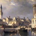 Historical riverside scene with boats and elegant buildings.