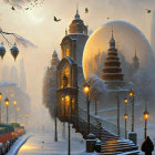 Vintage car and street lamps in snowy evening scene with grand tower and floating barriers