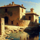 Mediterranean stone house with terracotta tiles and archway by calm sea