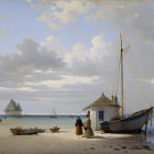 Tranquil beach scene with sailboat, huts, and figure in red cloak gazing at