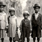 Five boys in oversized clothes and hats in dusty street with solemn expressions