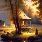 Tranquil rural dusk scene: person by pond, grazing cows, warmly lit cabin among autumn trees