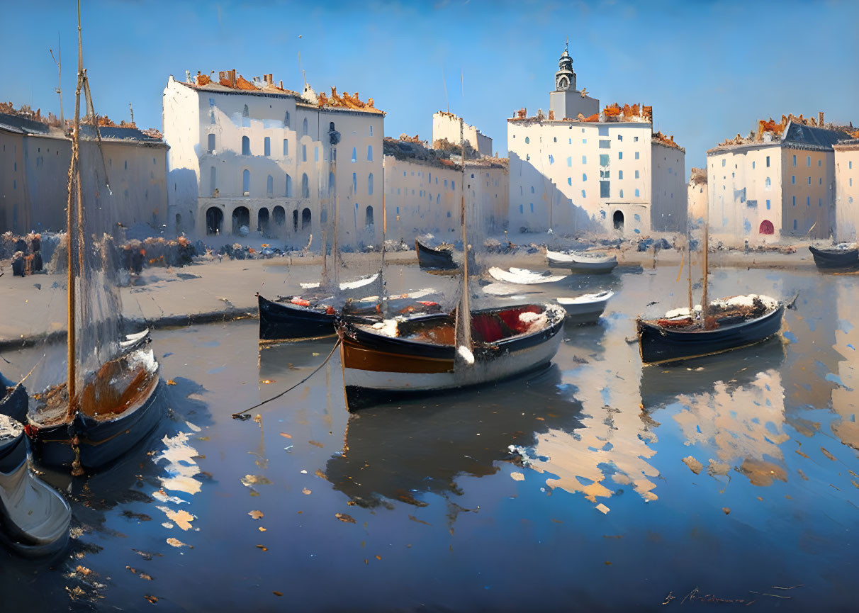 Tranquil harbor view with wooden boats, old buildings, and clear blue skies