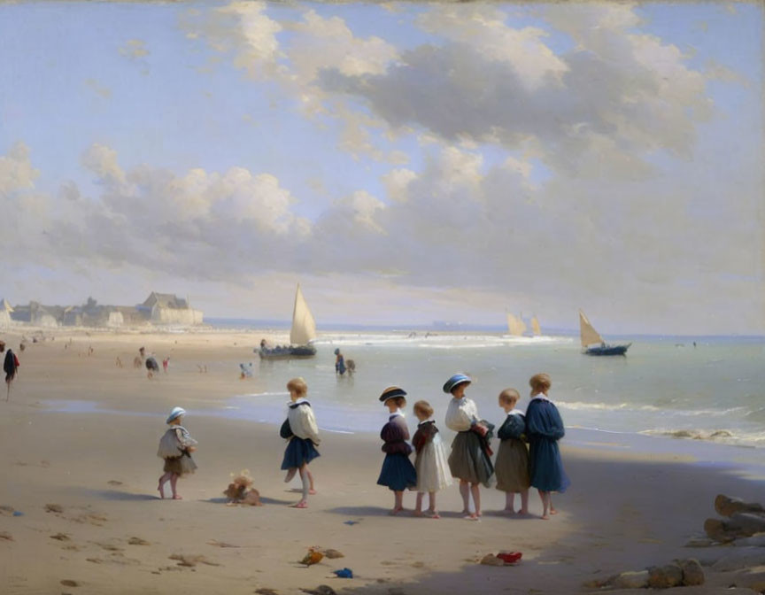 Tranquil beach scene with people, children playing, sailboats, and blue sky