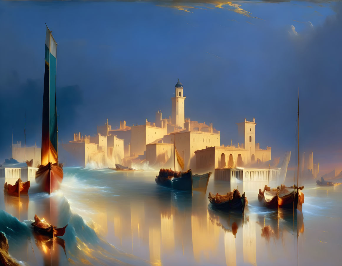 Boats near fortress and towers in calm waters at dusk