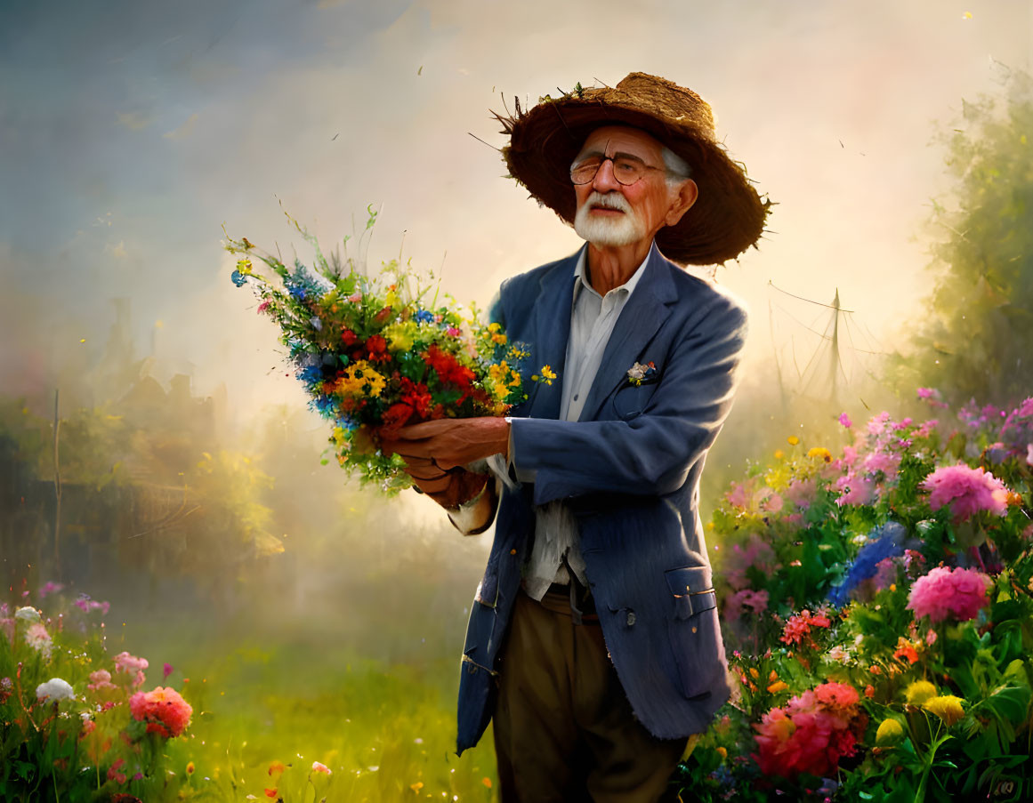 Elderly man with straw hat holding flowers in lush garden under warm sunlight